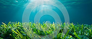 Posidonia Oceanica seagrass in Mediterranean Sea vital marine ecosystem with algae. Concept Marine