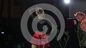 Posing beauty ballerina dancing podium closeup gymnastic girl on fashion show 4K