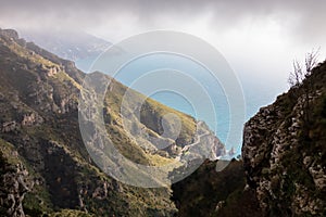 Positano - Aerial panoramic view on the coastal road of the Amalfi Coast in the Provice of Salerno in Campania, Italy