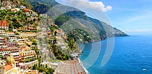 Positano, Amalfi Coast, Campania, Italy. Panoramic view on old town at sunny day