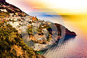 Positano, Amalfi Coast, Campania, Sorrento, Italy. Fantastik View of the town and the seaside in a summer sunset.