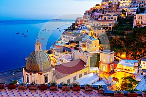 Positano, Amalfi Coast, Italy. Scenic view at dusk