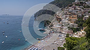 positano beach on the amalfi coast in italy on a summer's day