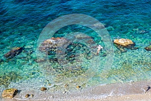 Positano beach at sunny day, Amalfi coast of Italy, Southern Europe