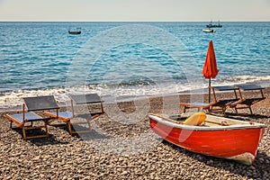 Positano beach at sunny day, Amalfi coast of Italy, Southern Europe