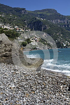 Positano from Fornillo Beach on the Amalfi Coast.