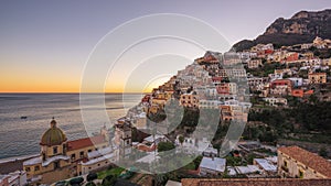 Positano, Italy along the Amalfi Coast at dusk