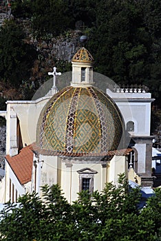 Positano, the multicolored majolica dome of the Collegiate