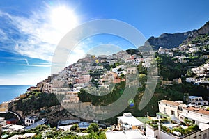 Positano panoramic view in a summer day, Amalfi coast, Italy