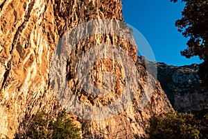 Positano - Rock formation of the the steep cliff above Positano, Amalfi Coast, Italy