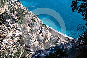 Positano - Scenic aerial view from a hiking trail above the coastal town Positano at the Amalfi Coast, Campania, Italy.