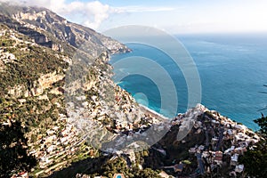 Positano - Scenic aerial view from a hiking trail above the coastal town Positano at the Amalfi Coast, Campania, Italy.