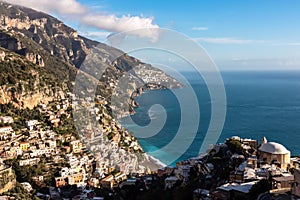Positano - Scenic aerial view from a hiking trail above the coastal town Positano at the Amalfi Coast, Campania, Italy.
