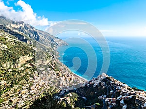 Positano - Scenic aerial view from a hiking trail above the coastal town Positano and Praiano at the Amalfi Coast, Campania, Italy