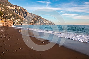 Positano - Scenic view at the Fornillo Beach in the coastal town Positano at Amalfi Coast, Italy. No people