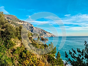 Positano - Scenic view from hiking trail on coastal town Positano and Praiano at the Amalfi Coast, Campania, Italy.