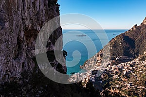 Positano - Scenic view from rock formation Montepertuso Il Buco to Positano, Amalfi Coast, Campania, Italy, Europe.