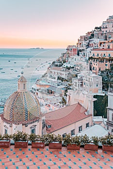 Positano at sunset, Amalfi Coast, Campania, Italy.