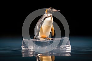 Positioned on a dissolving ice formation amidst the vastness of the sea, a penguin represents the notion of planetary warming and