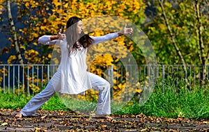 Positions of arms and hands of yoga practiced in the park photo