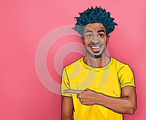 Positiv african Man showing something strange and unexpected. Emotions and advertisement. Surprised male in comic style pointing b