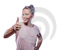 positive adult woman showing thumb up on a white background