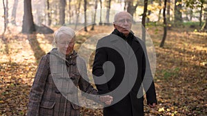 Positive aged couple enjoying walk in forest park