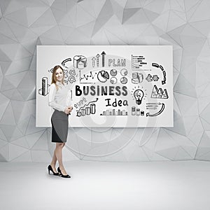 Positive blond girl and a business idea on poster