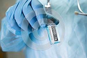 Positive blood infection sample in test tube for covid-19 coronavirus in lab. Scientist holding to check and analyze for patient