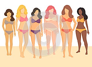 Positive body movement. Female body types and sizes in bathing suits