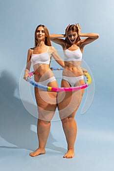Positive body transformation. Fit, muscular female upper body and fat legs with cellulite. Conceptual design. Importance