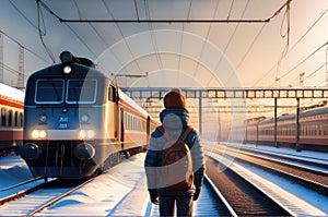 positive boy on railway station perron at winter late afternoon. Travelling and vacations concept.. AI