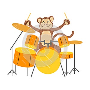 Positive brown monkey sitting at drum kit and playing percussion instruments