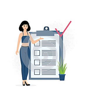 Positive business man with a giant pencil on his shoulder nearby marked checklist on a clipboard paper.  Illustration flat design