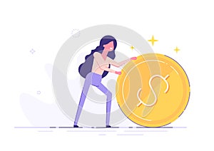 Positive businesswoman is rolling a huge golden dollar coin. Earning, saving and investing money concept. Flat vector illustration