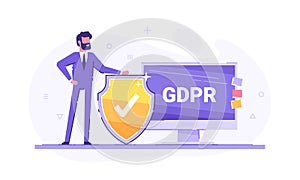 Positive cartoon character with a shield in front of pc monitor with GDPR caption. GDPR compliance. Personal data security. Modern