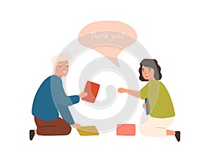 Positive cartoon old man help smiling female to collect fallen books vector flat illustration. Happy male demonstrating