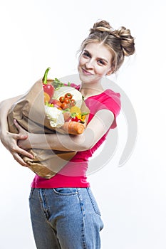 Positive Caucasian Girl Posing With Eco Shopping Bag