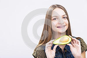 Positive Caucasian Teenager Girl Wearing Teeth Braces