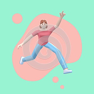 Positive character in colored clothes on an abstract stain background. A young cheerful girl runs, dances, jumps, levitates and