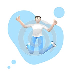 Positive character in colored clothes on an abstract stain background. A young cheerful guy runs, dances, jumps, levitates and