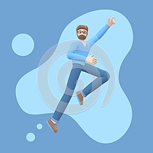 Positive character in colored clothes on an abstract stain background. Young cheerful hipster guy runs, dances, jumps, levitates