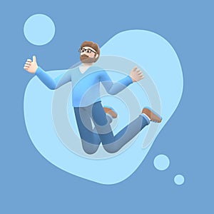 Positive character in colored clothes on an abstract stain background. Young cheerful hipster guy runs, dances, jumps, levitates