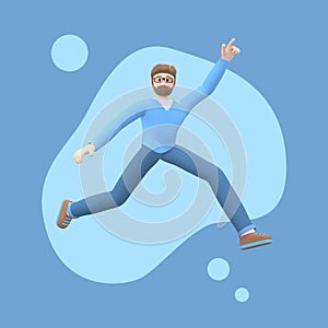 Positive character in colored clothes on an abstract stain background. Young cheerful hipster guy runs, dances, jumps, levitates
