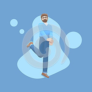 Positive character in colored clothes on an abstract stain background. Young cheerful hipster guy runs, dances, jumps, levitates