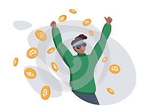 Positive cheerful man on the background of flying coins. Cryptocurrency mining, exchange rate, farm mining, finance, blockchain,