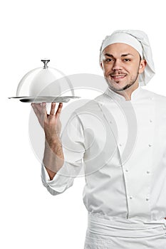 Positive chef with cloche lid cover isolated