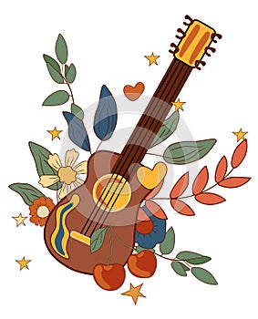 Positive composition 70s with retro guitar, colorful flowers and leaves, cherry, stars. Psychedelic groovy symbols