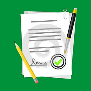 Positive Contract Vector Illustration on Paper Form Symbol With Pencil or Pen, Flat Icon Success Sign