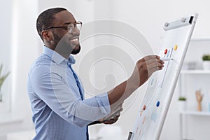 Positive creative man presenting a report